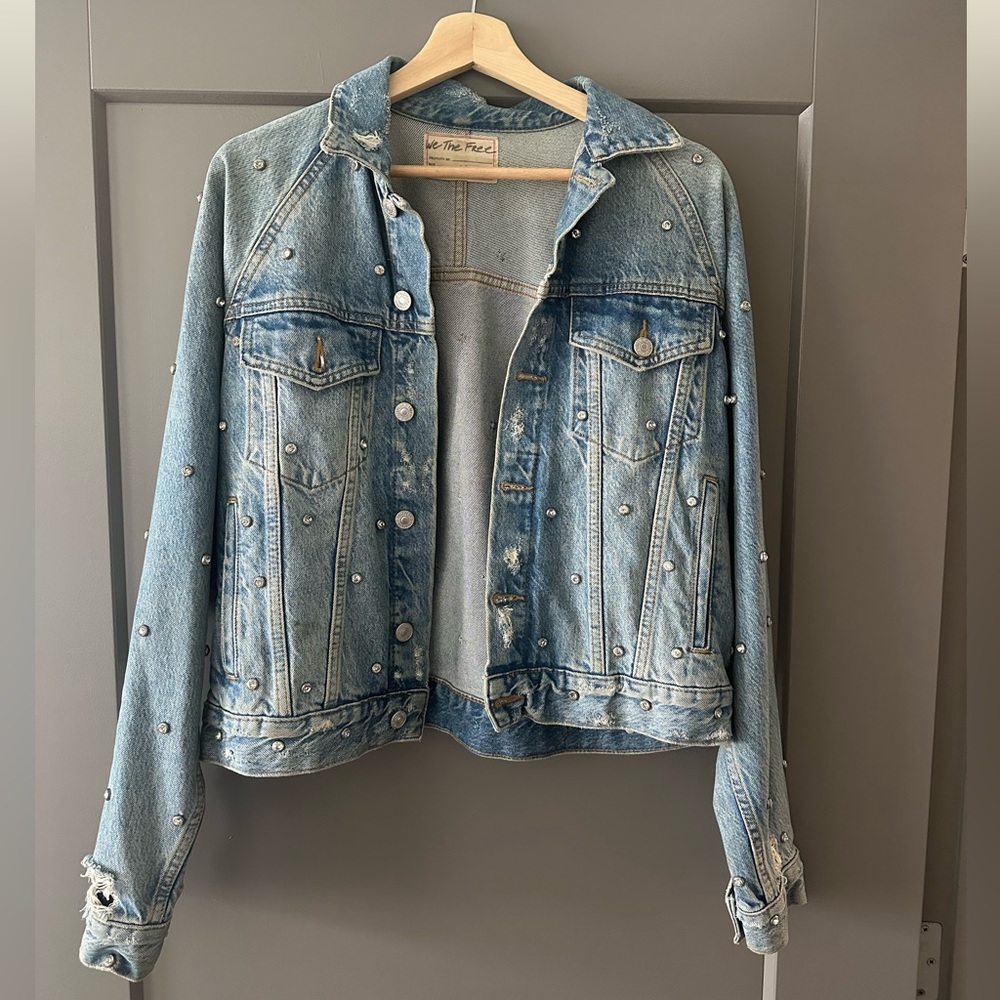 WE THE FREE Free People Night After Night Denim Rhinestone Jacket Size S